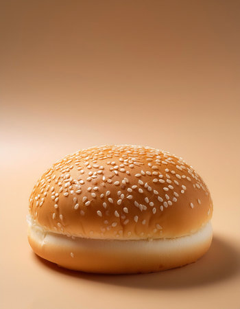 hamburger bread bun on side position provides copy space for text. background concept isolated biege...