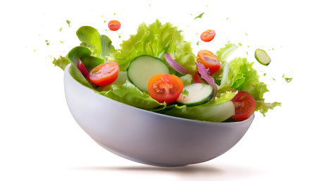 healthy food salad in white bowl floating or flying isolated white backgroundの写真素材