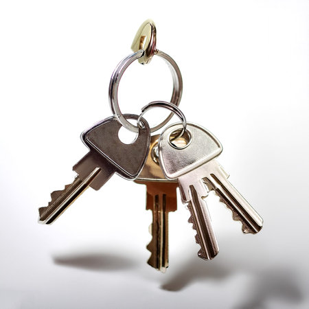 House Keys floating or flying isolated white backgroundの写真素材