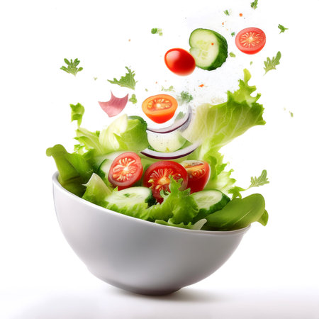 healthy food salad in white bowl floating or flying isolated white backgroundの写真素材