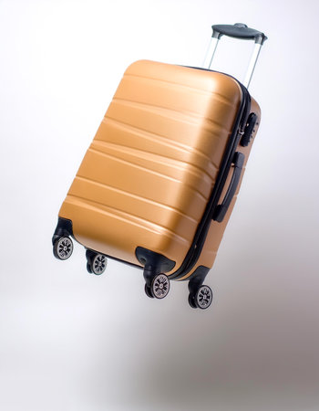 Travel Luggage floating or flying isolated white backgroundの写真素材