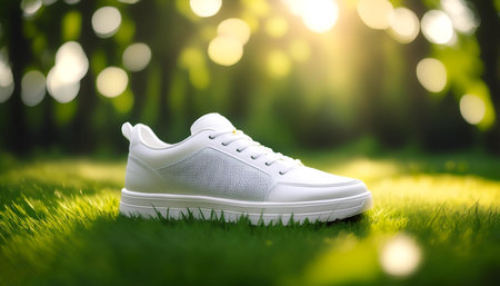 white sneakers on a green grass with blur green bokeh background