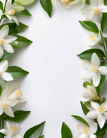Neroli blossom filling the edges of the frame isolated on a white backgroundの写真素材