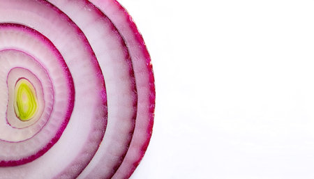 red onion slices. pattern texture on side position provides copy space for text. background concept isolated white backgroundの写真素材