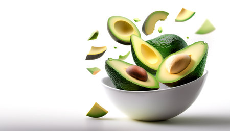 slices or chunks of avocados fruit in a white bowl with chunks or slices floating or flying isolated...