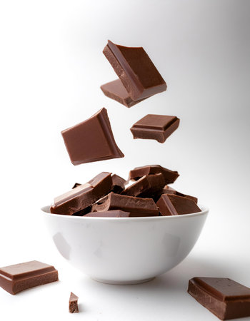 slices or chunks of Dark chocolate pieces in a white bowl with chunks or slices floating or flying isolated white backgroundの写真素材