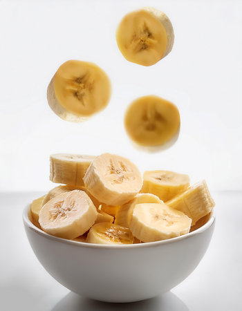 slices or chunks of banana fruit in a white bowl with chunks or slices floating or flying isolated white backgroundの写真素材