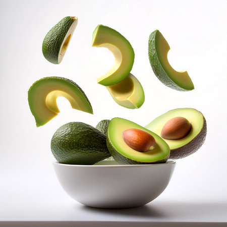 slices or chunks of avocados fruit in a white bowl with chunks or slices floating or flying isolated...