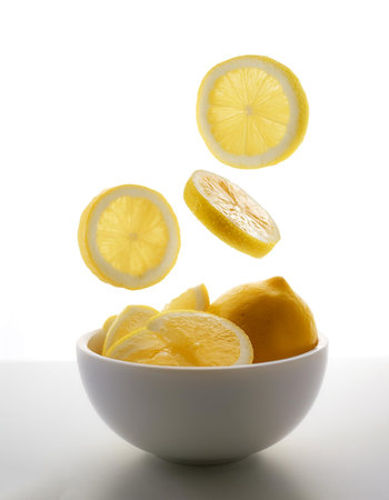 Slices or chunks of lemon in a white bowl with chunks or slices floating or flying isolated white background.の写真素材