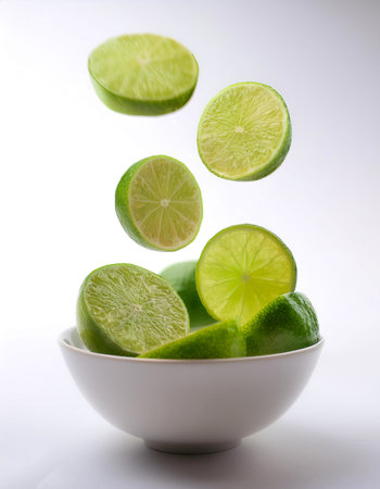 slices or chunks of lime fruit in a white bowl with chunks or slices floating or flying isolated white backgroundの写真素材