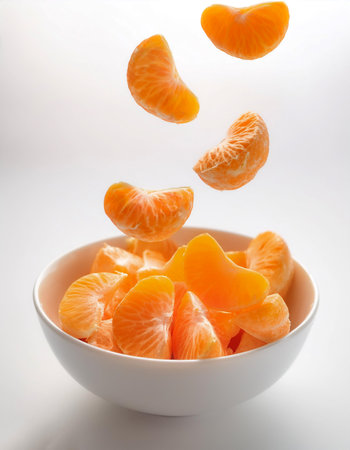 slices or chunks of mandarin oranges fruit in a white bowl with chunks or slices floating or flying isolated white backgroundの写真素材