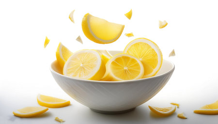 Slices or chunks of lemon in a white bowl with chunks or slices floating or flying isolated white background.の写真素材