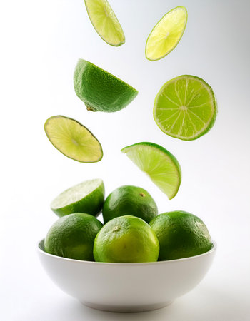 slices or chunks of lime fruit in a white bowl with chunks or slices floating or flying isolated...