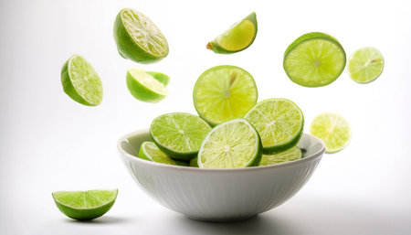 slices or chunks of lime fruit in a white bowl with chunks or slices floating or flying isolated white backgroundの写真素材