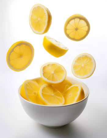 Slices or chunks of lemon in a white bowl with chunks or slices floating or flying isolated white background.の写真素材