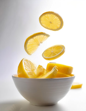Slices or chunks of lemon in a white bowl with chunks or slices floating or flying isolated white background.の写真素材