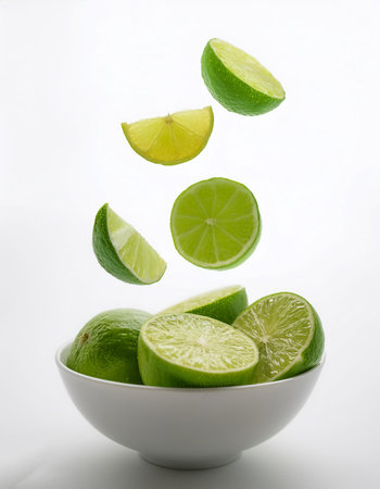 slices or chunks of lime fruit in a white bowl with chunks or slices floating or flying isolated white backgroundの写真素材