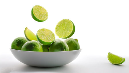 slices or chunks of lime fruit in a white bowl with chunks or slices floating or flying isolated white backgroundの写真素材