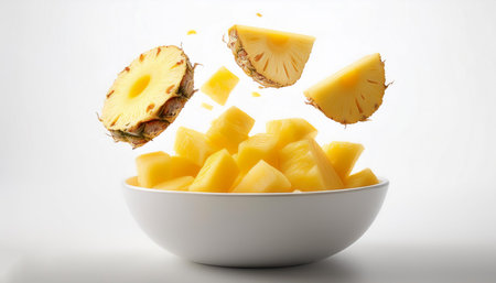slices or chunks of pineapple fruit in a white bowl with chunks or slices floating or flying...