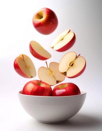 slices or chunks of red apple fruit in a white bowl with chunks or slices floating or flying isolated white backgroundの写真素材