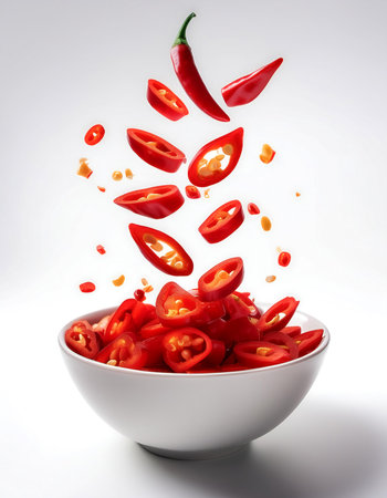 slices or chunks of Red chili peppers in a white bowl with chunks or slices floating or flying isolated white backgroundの写真素材