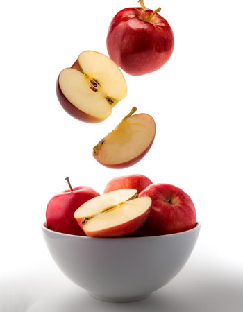 slices or chunks of red apple fruit in a white bowl with chunks or slices floating or flying isolated white backgroundの写真素材