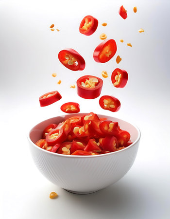 slices or chunks of Red chili peppers in a white bowl with chunks or slices floating or flying isolated white backgroundの写真素材