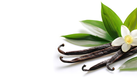 Vanilla pods, green leaves and flowers on side position provides copy space for text. background...