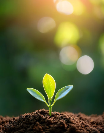 Young plant springing up out of the soil with blur green bokeh backgroundの写真素材