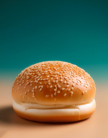 hamburger bread bun on side position provides copy space for text. background concept isolated biege backgroundの写真素材