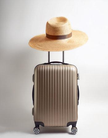 Travel Luggage with a beach hat floating or flying isolated white backgroundの写真素材