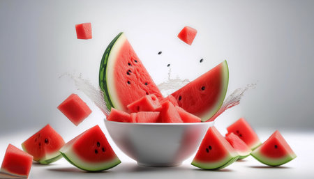 slices or chunks of red watermelon in a white bowl with chunks or slices floating or flying isolated white backgroundの写真素材