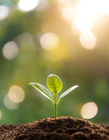 Young plant springing up out of the soil with blur green bokeh backgroundの写真素材