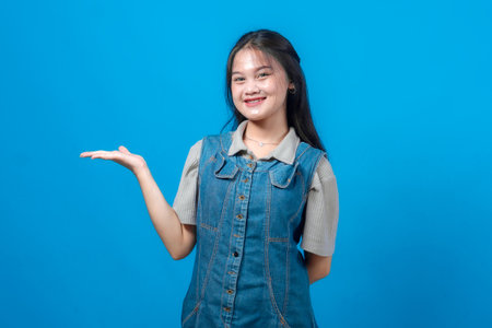 Smiling young Asian woman presenting with open palm while standing against solid blue background, wearing denim dress and casual shirt. Perfect for advertising or promotional use.の写真素材