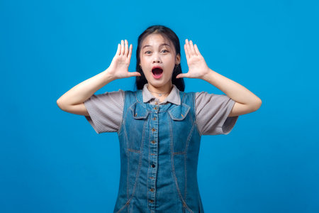 Excited young Asian woman with open mouth and raised hands near face, showing shocked or amazed expression, standing in front of a blue background, looking surprised.の写真素材