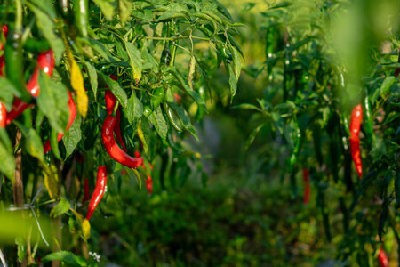 Rows of chili pepper plants with ripe red and green chilies growing fresh in an organic farm. Captured in morning sunlight, showcasing healthy agricultural produce.の写真素材