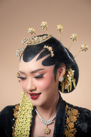 Indonesian woman in refined Javanese bridal makeup and accessories, featuring paes, golden ornaments, and elegant kebaya elements that highlight cultural beauty and grace.の写真素材