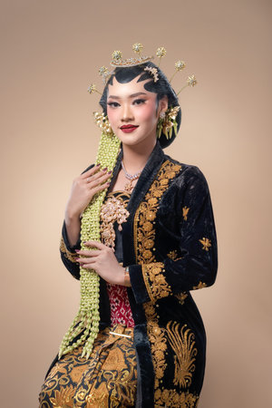 Indonesian woman in exquisite Javanese bridal attire, showing a graceful pose, intricate kebaya details, rich ornaments, and a polished, professional cultural look.の写真素材