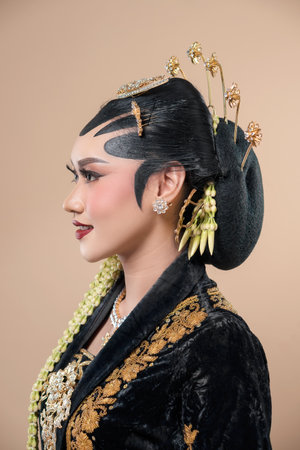 Indonesian woman in Javanese bridal attire captured in a refined side profile, showcasing paes makeup, jasmine garlands, ornate hair ornaments, and detailed velvet embroidery.の写真素材