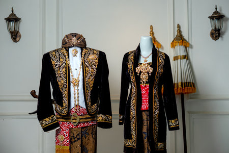 Traditional Javanese wedding couple attire featuring black velvet beskap, kebaya with gold...