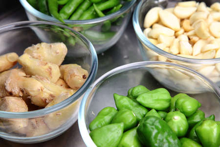 Spicy Indian vegetables on a kitchen tableの写真素材
