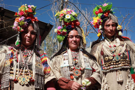 LEH, INDIA - SEPT 01 ,2012- Unidentified Ladakhi tribal women wearing traditional costumes pose as they participate in the cultural procession during Ladakh Festival  in Leh, India.のeditorial素材