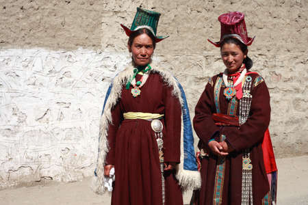 LEH, INDIA - SEPT 01 ,2012- Unidentified Ladakhi tribal women wearing traditional costumes pose as they participate in the cultural procession during Ladakh Festival  in Leh, India.のeditorial素材