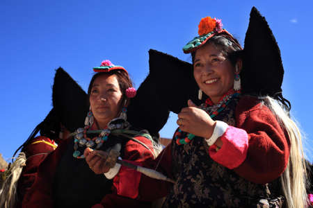 LEH, INDIA - SEPT 01 ,2012- Two unidentified Ladakhi tribal women wearing traditional dress pose as...