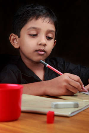 A boy does his homework in study room