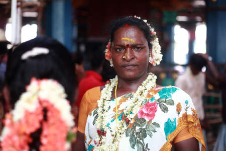 KOOVAGAM, INDIA - MAY 13,2014- A unidentified transgender who married Lord Aravan as a ritual during festival of transgenders held at Koothandavar temple in Koovagam,Tamil Nadu, India.のeditorial素材