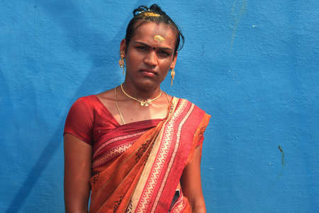 KOOVAGAM, INDIA - MAY 13,2014- A unidentified transgender who married Lord Aravan as a ritual during festival of transgenders held at Koothandavar temple in Koovagam,Tamil Nadu, India.のeditorial素材