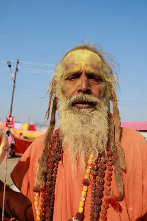 ALLAHABAD - FEB 08,2013- A Sadhu looks as he come to take the holy bath at Kumbh Mela ground  in Allahabad, India. Kumbh Mela is considered as the largest human gathering in the world.のeditorial素材