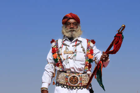 JAISALMER, INDIA - FEB 01,2015- A traditional Rajasthani man participates in the Mr. Desert contest conducted as part of Desert Festival held in Jaisalmer, Rajasthan, India.のeditorial素材