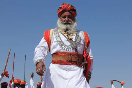 JAISALMER, INDIA - FEB 01,2015- A traditional Rajasthani man participates in the Mr. Desert contest...